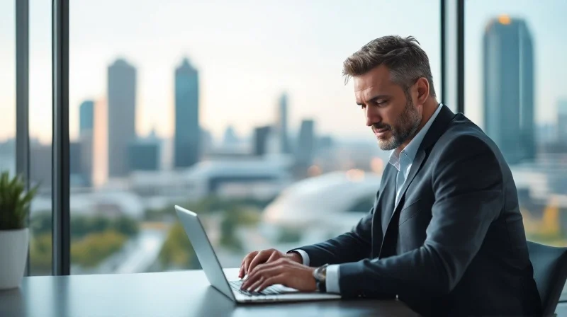 Geschäftsführer im Ratinger Bürokomplex mit Blick auf Konzernzentrale und Düsseldorfer Skyline
