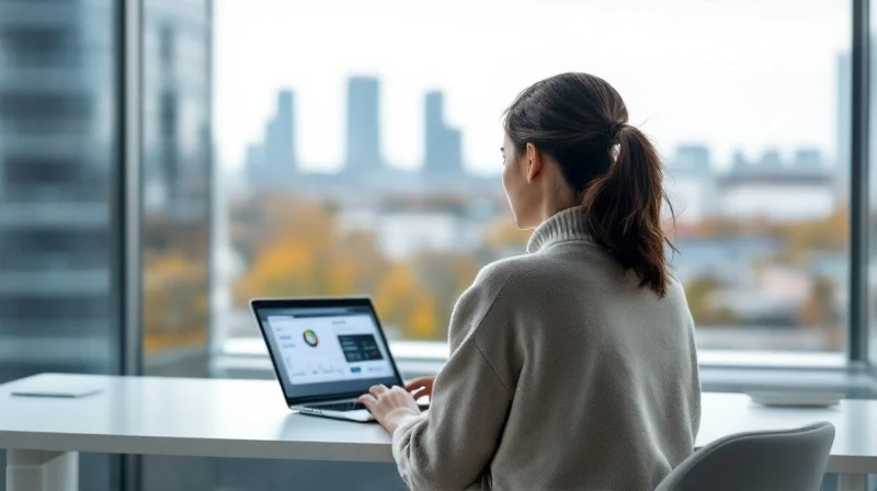 Quereinsteigerin in Ratingen arbeitet am Laptop in modernem Mode-Büro
